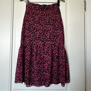 Bershka Black and Pink Floral A-Line Skirt